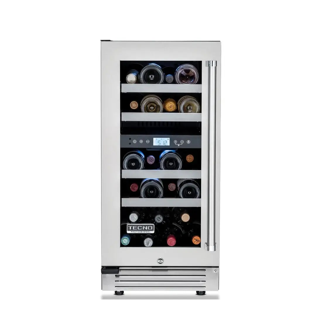 Alt Tag: Adega Tecno Professional 23 Garrafas inox 38cm abertura direita com porta em vidro e prateleiras para vinhos